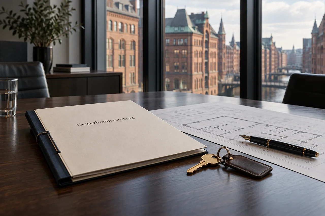 Gewerbemietvertrag mit Schlüssel und Grundriss vor Hamburger Kontorhausarchitektur